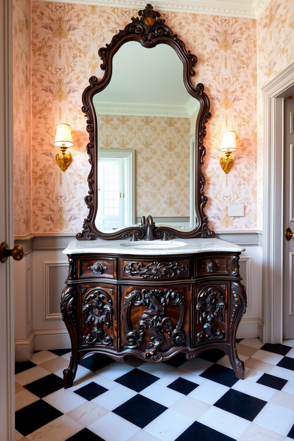 Antique vanity with intricate carvings and a large ornate mirror above it. The walls are adorned with soft pastel wallpaper, and the floor features classic black and white checkered tiles.