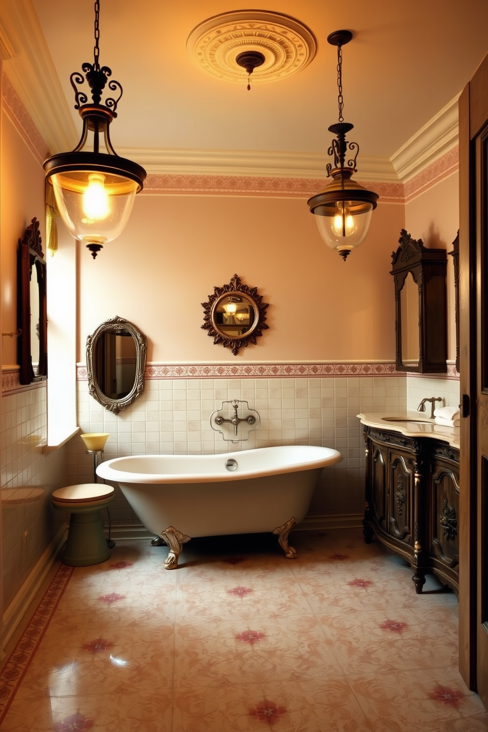 Vintage light fixtures create a warm and inviting ambiance in a beautifully designed bathroom. The space features a classic clawfoot bathtub, surrounded by soft pastel-colored walls and intricate tile work. The vintage light fixtures hang elegantly from the ceiling, casting a gentle glow over the room. Antique mirrors and ornate cabinetry complement the overall vintage aesthetic, enhancing the charm of the bathroom.