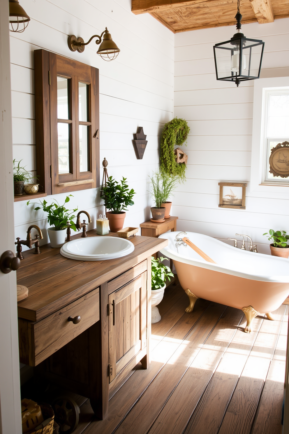 A vintage bathroom design featuring rustic wood accents creates a cozy and inviting atmosphere. The space includes a reclaimed wood vanity with a distressed finish and a classic porcelain sink, complemented by antique brass fixtures. The walls are adorned with shiplap paneling in a soft white hue, while the floor showcases weathered wooden planks. A freestanding clawfoot bathtub sits in the corner, surrounded by potted plants and vintage-inspired decor for a charming touch.