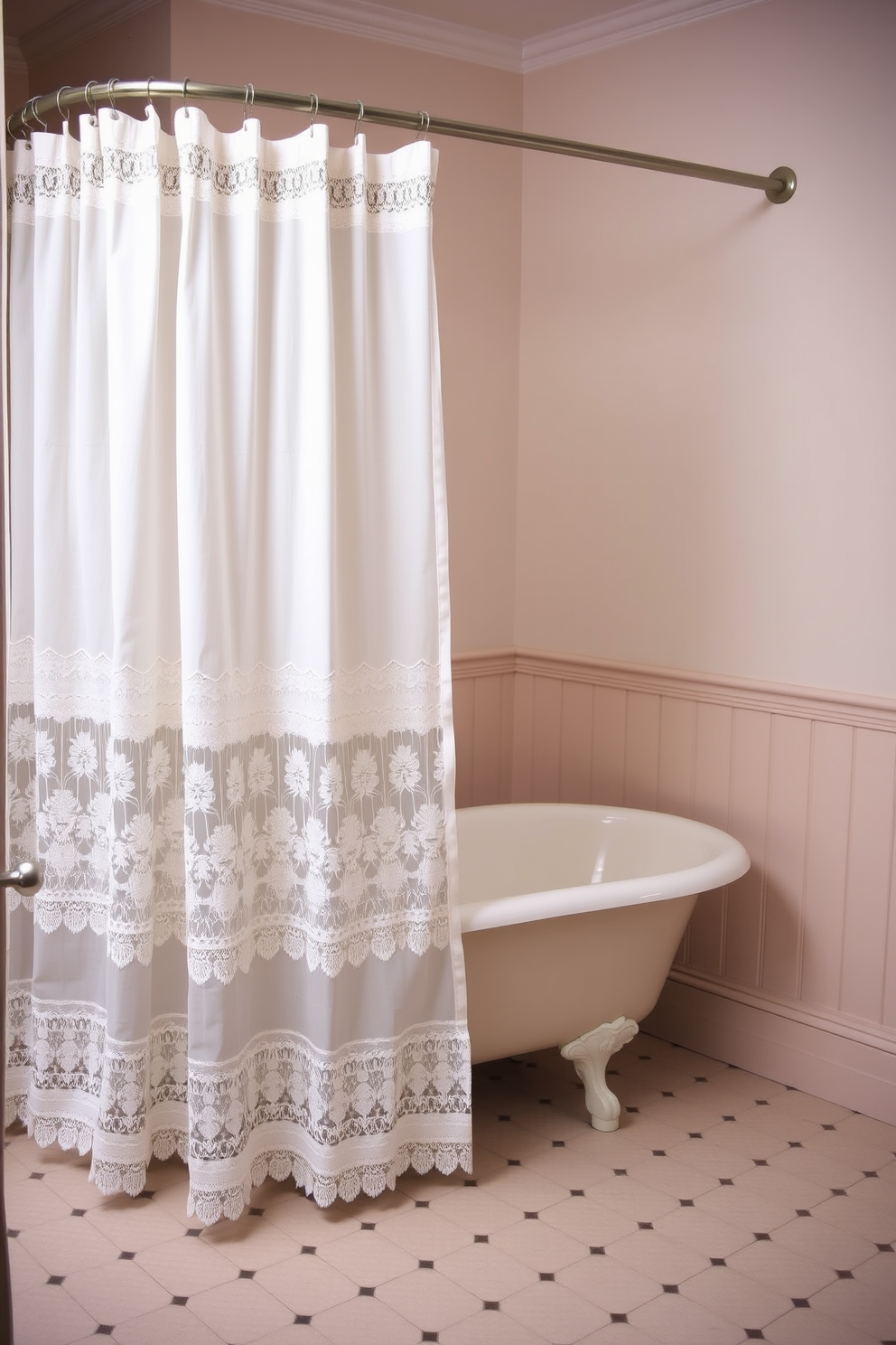 A vintage bathroom featuring an old-fashioned shower curtain adorned with delicate lace trim. The walls are painted in a soft pastel color, and a classic clawfoot bathtub sits prominently in the center of the room.