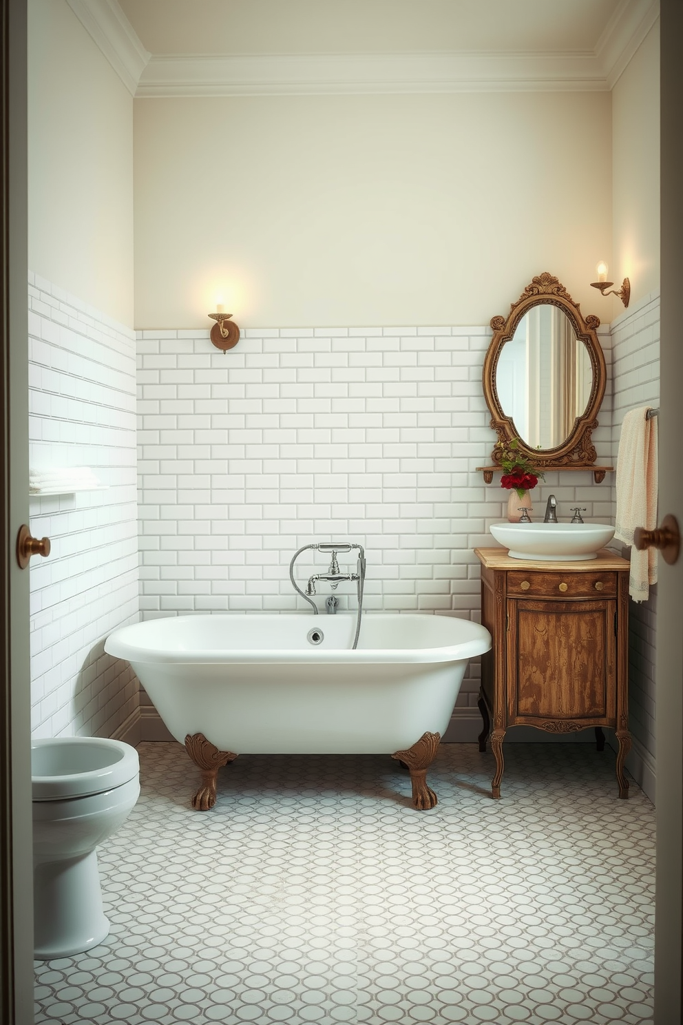 A vintage bathroom setting featuring penny tile flooring that evokes a sense of nostalgia. The walls are adorned with classic white subway tiles, and a clawfoot bathtub sits elegantly in the center, complemented by a vintage-style faucet. A wooden vanity with a distressed finish holds a round porcelain sink, and above it, an ornate mirror reflects the warm glow of wall sconces. Soft, pastel colors accent the decor, with plush towels neatly arranged and a small potted plant adding a touch of freshness.