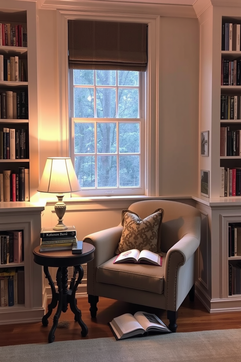 Classic wooden bookshelves with ornate details create a warm and inviting atmosphere. The shelves are filled with a rich collection of leather-bound books, and a cozy reading nook is nestled nearby with a plush armchair and a small side table.