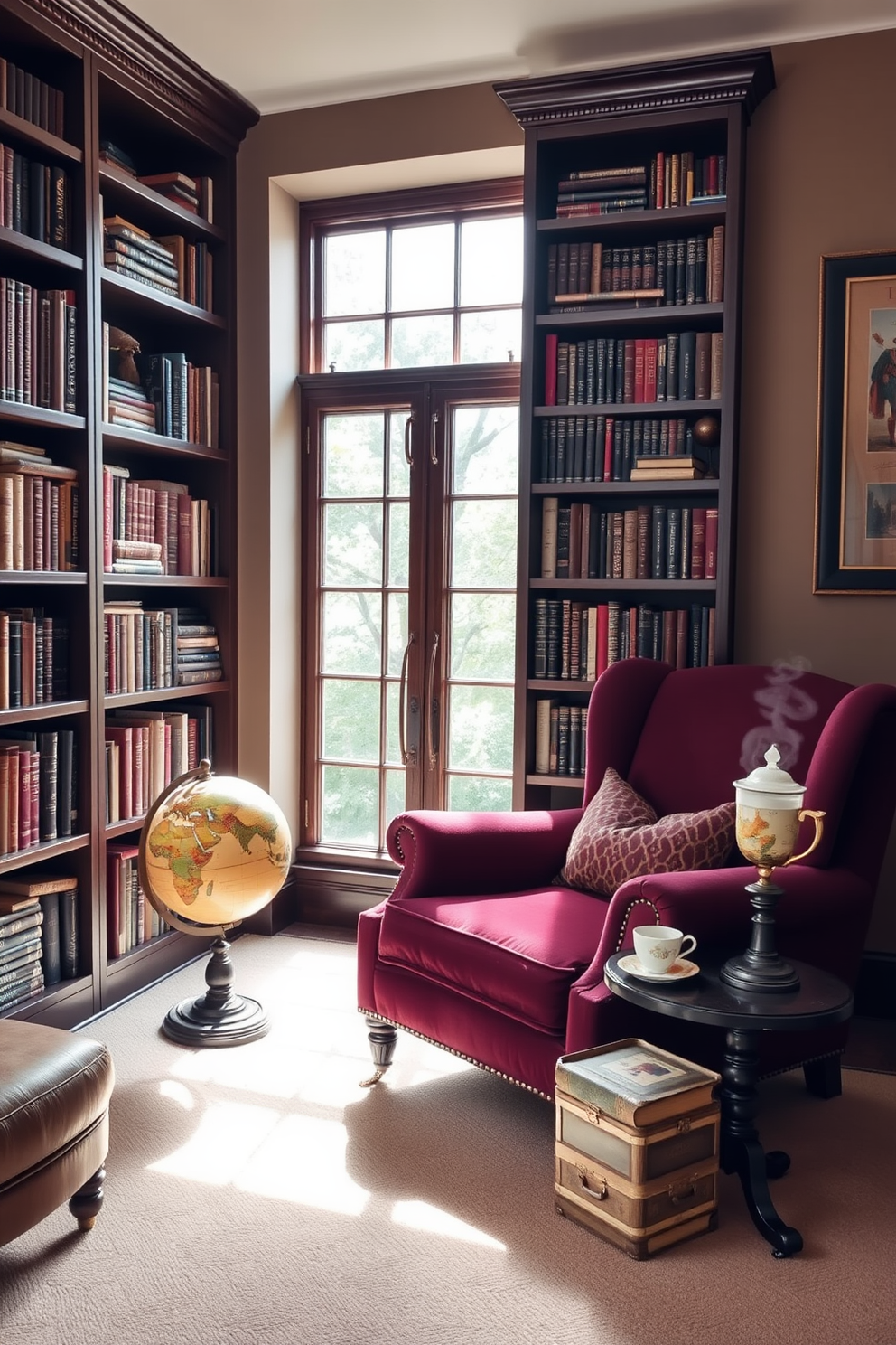 A cozy vintage home library featuring dark wood bookshelves filled with classic literature and decorative items. A plush armchair upholstered in rich burgundy fabric is positioned near a large window, allowing natural light to illuminate the space. The walls are painted in a warm taupe color, creating an inviting atmosphere. A vintage globe and a small side table with a steaming cup of tea sit beside the armchair, enhancing the library's charm.