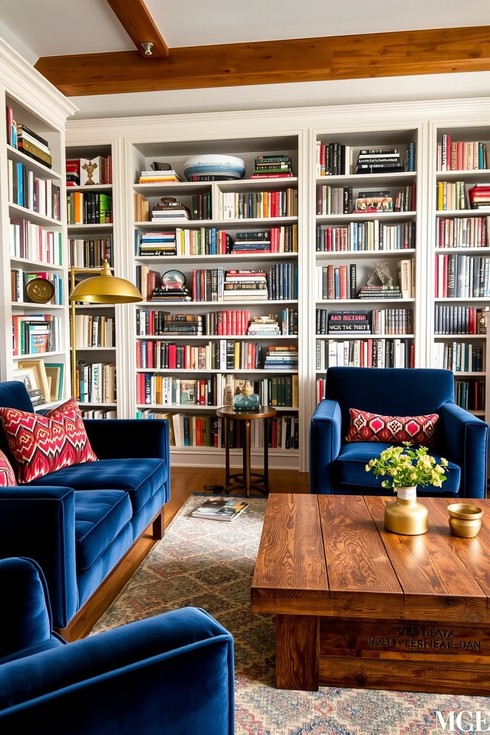 A cozy home library featuring a blend of modern and vintage furniture styles. Plush velvet armchairs in deep blue are paired with a reclaimed wood coffee table, creating an inviting reading nook. The walls are lined with floor-to-ceiling bookshelves filled with an eclectic mix of books and decorative items. A vintage brass floor lamp stands beside the armchair, casting a warm glow over the space.