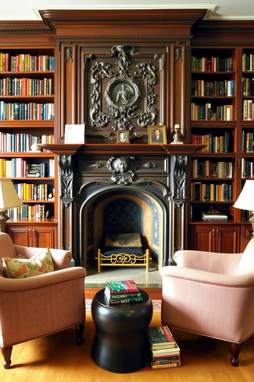 A vintage fireplace serves as a stunning focal point in the room. The fireplace is adorned with intricate carvings and a classic mantelpiece, creating an inviting atmosphere. Surrounding the fireplace, rich wooden bookshelves are filled with an array of books and decorative items. Plush armchairs are strategically placed to encourage relaxation and reading, complemented by a warm area rug underfoot.