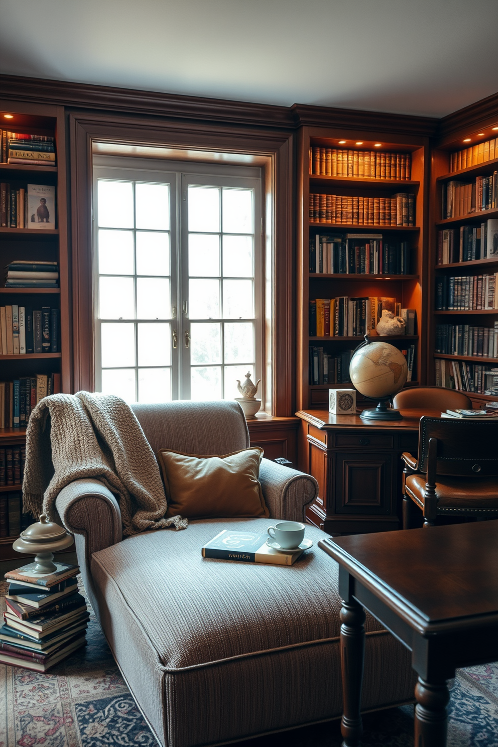 A cozy chaise lounge upholstered in soft, textured fabric is positioned near a large window, allowing natural light to fill the space. A plush throw blanket is draped casually over one arm, and a small side table holds a steaming cup of tea and a stack of well-loved books. The vintage home library features rich wooden shelves filled with an eclectic collection of books, illuminated by warm, ambient lighting. An antique globe sits atop a mahogany desk, accompanied by a comfortable leather chair that invites hours of reading and contemplation.