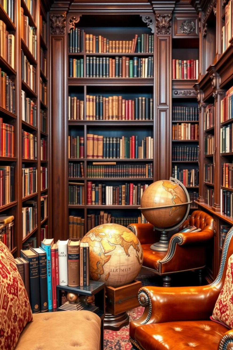 Decorative bookends in unique styles are placed on a wooden shelf filled with an array of colorful books. The library features plush seating with rich fabrics, creating a cozy reading nook surrounded by warm lighting. Vintage home library design ideas showcase ornate wooden bookshelves that reach the ceiling. A large, antique globe and a classic leather armchair add character to the space, inviting you to explore the world of literature.