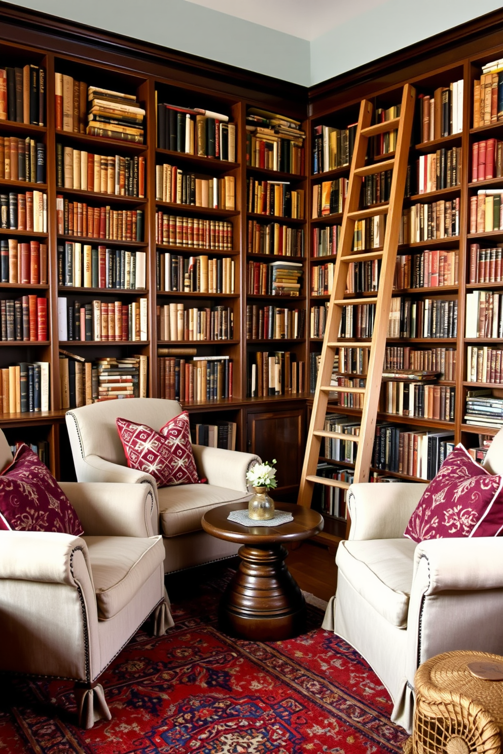 Layered textiles create a warm and inviting atmosphere in a vintage home library. Plush armchairs are adorned with a mix of patterned throw pillows, while a soft area rug in rich hues anchors the space. Bookshelves lined with well-loved books stretch from floor to ceiling, showcasing an eclectic collection of titles. A vintage wooden ladder leans against the shelves, adding character and charm to the cozy reading nook.