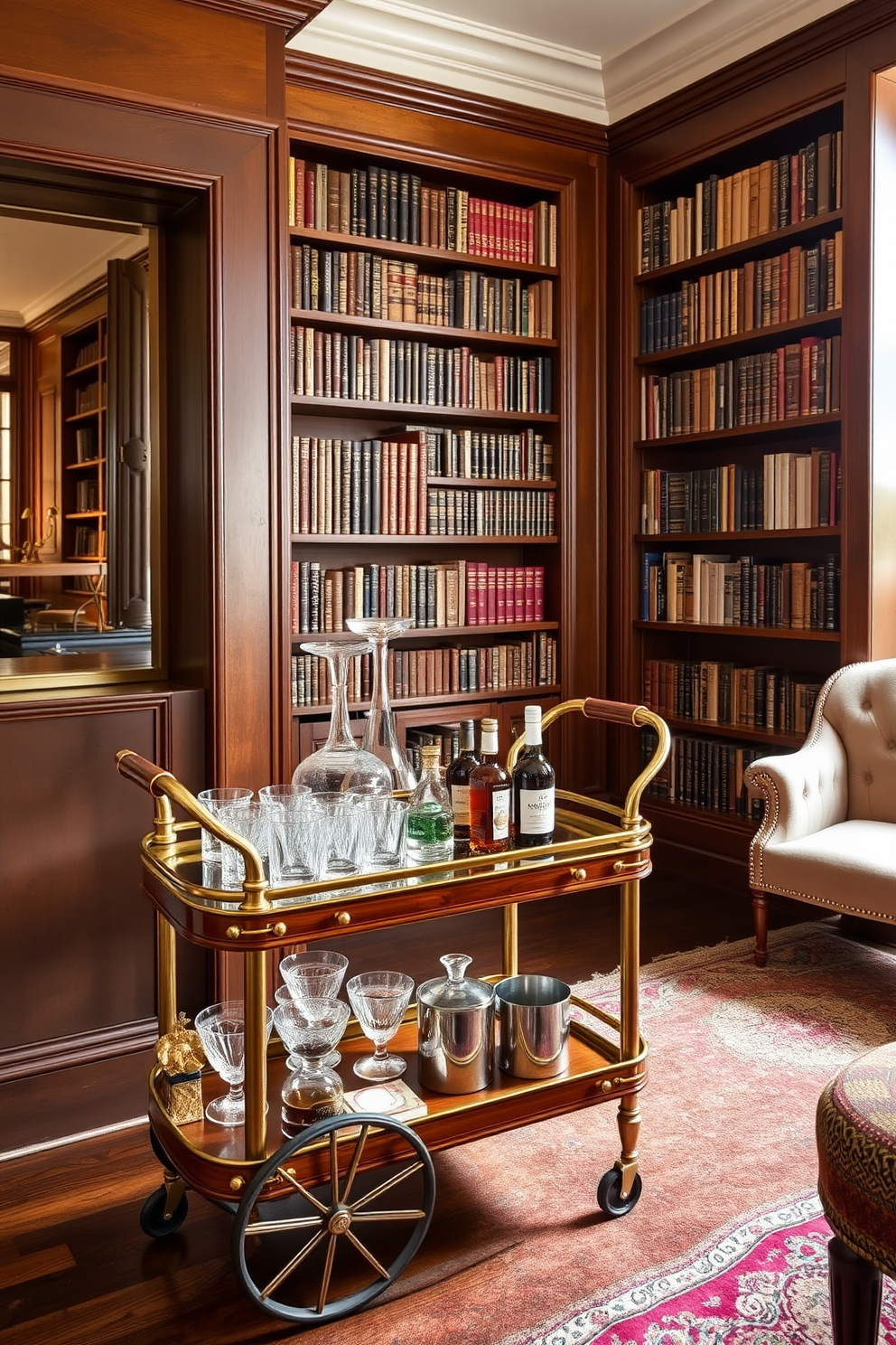 A vintage bar cart for refreshments. The cart is made of polished wood with brass accents, featuring two tiers filled with an assortment of glassware, bottles, and a small ice bucket. Vintage home library design ideas. The library is adorned with tall wooden bookshelves filled with books, a cozy reading nook with a tufted armchair, and a warm, inviting color palette of deep reds and browns.