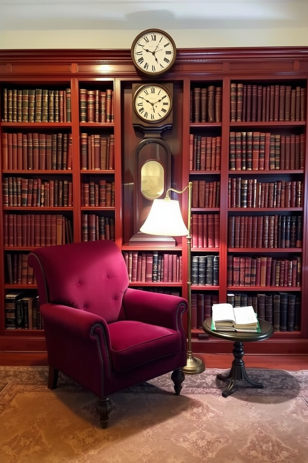 A cozy vintage home library with rich mahogany bookshelves filled with leather-bound volumes. An old-fashioned clock serves as a statement piece, positioned prominently above a plush reading chair upholstered in deep burgundy fabric. The warm glow of a brass floor lamp illuminates a small side table adorned with classic literature. A patterned area rug in muted earth tones anchors the space, inviting relaxation and contemplation.