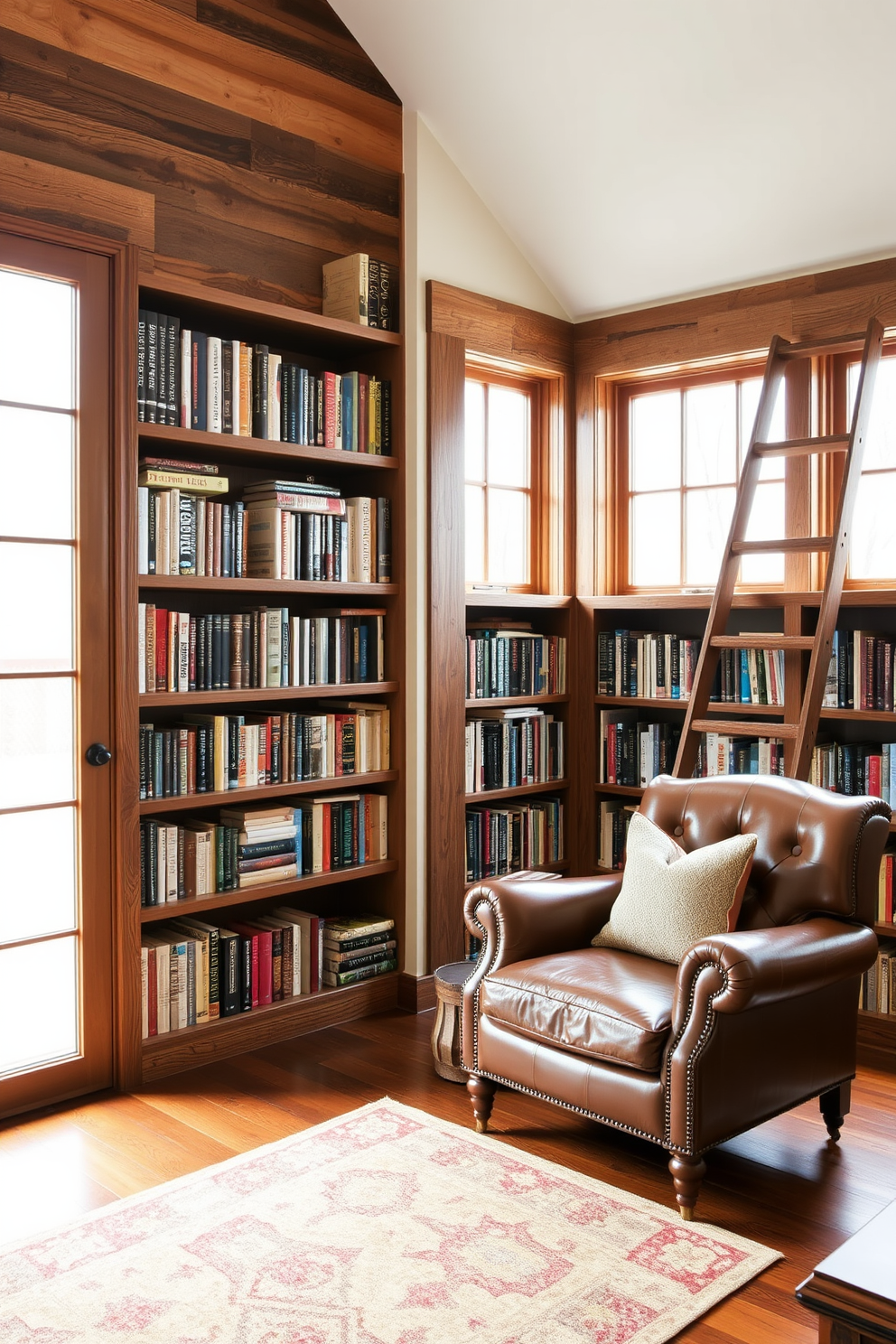 A cozy home library featuring reclaimed wood accents that add rustic charm. The shelves are filled with an array of books, while a comfortable leather armchair sits in the corner, inviting you to relax and read. Large windows allow natural light to flood the space, highlighting the warm tones of the reclaimed wood. A vintage wooden ladder leans against the shelves, providing access to the higher books while enhancing the library's character.