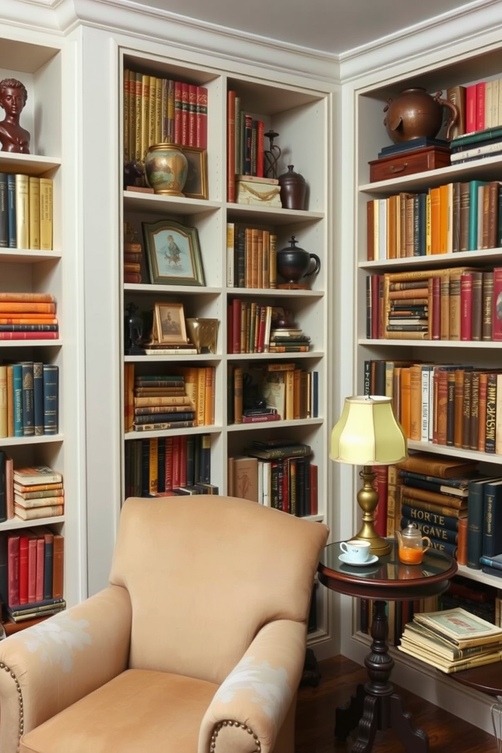 A cozy vintage home library filled with shelves lined with an array of antique books and unique collectibles. A plush armchair is nestled in the corner, accompanied by a small side table adorned with a vintage lamp and a steaming cup of tea.