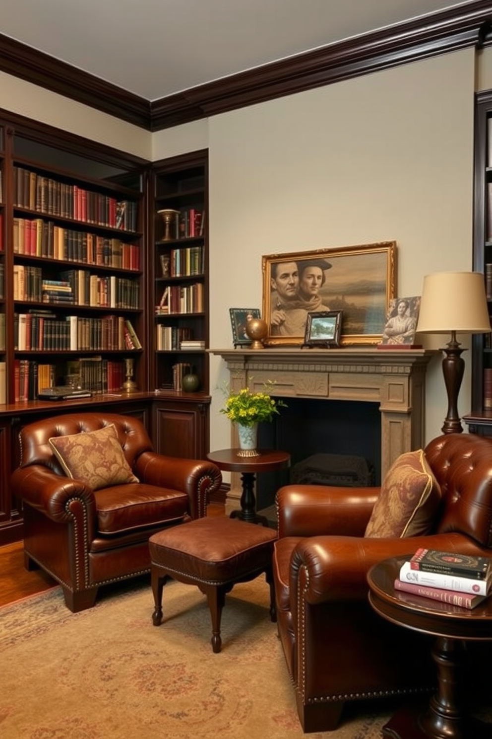 A vintage home library featuring plush leather armchairs that invite relaxation and comfort. The walls are lined with dark wood bookshelves filled with classic literature and decorative items, creating a warm and inviting atmosphere.