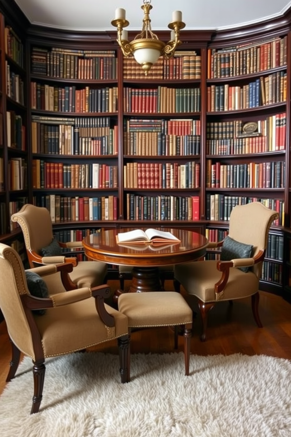 A cozy vintage home library features a wooden reading table surrounded by elegantly upholstered chairs. The walls are lined with dark wood bookshelves filled with an extensive collection of classic literature, and a plush area rug adds warmth to the space.