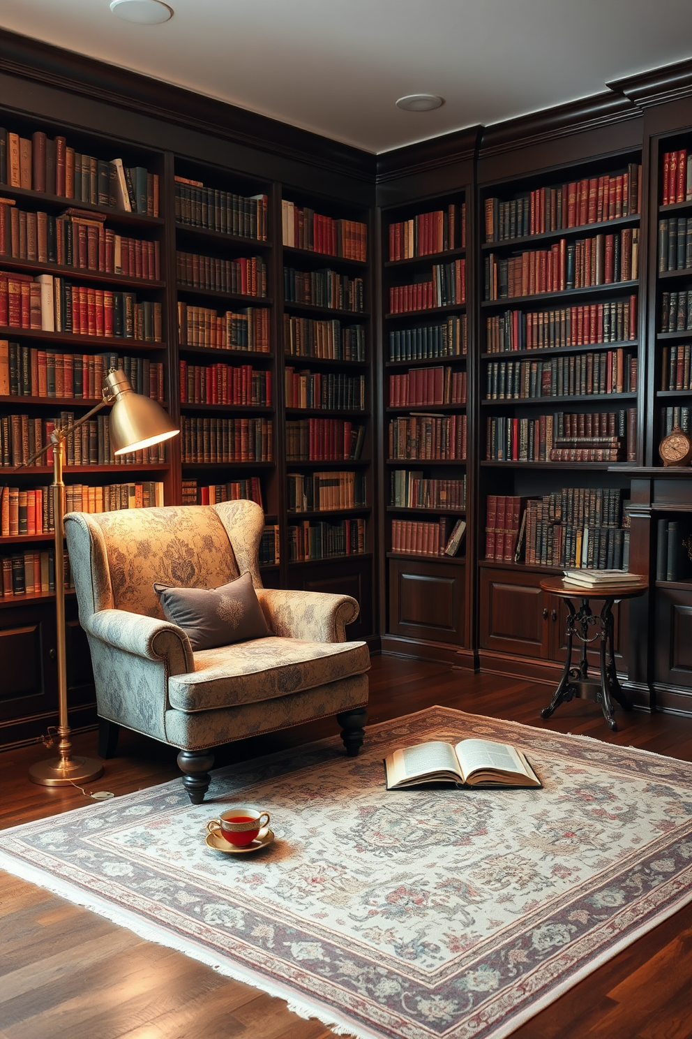 A vintage home library setting. The walls are lined with dark wooden bookshelves filled with classic literature, and a plush armchair sits in the corner, upholstered in a muted floral fabric. A large, ornate rug lays on the hardwood floor, adding warmth to the space. Soft lighting from a brass floor lamp creates a cozy atmosphere, and a small side table holds a steaming cup of tea and an open book.