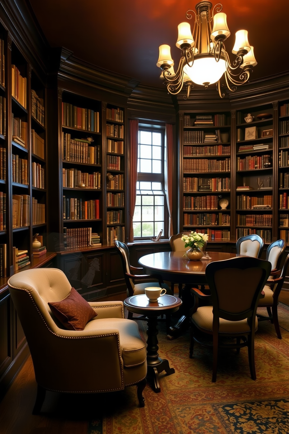 A vintage home library setting with dark wood bookshelves lining the walls filled with an array of classic literature and decorative items. A plush reading chair sits in the corner, accompanied by a small side table holding a steaming cup of tea. In the center, a large wooden table is surrounded by elegant upholstered chairs, perfect for discussions or studying. A classic chandelier hangs from the ceiling, casting a warm glow over the room, enhancing the sophisticated ambiance.