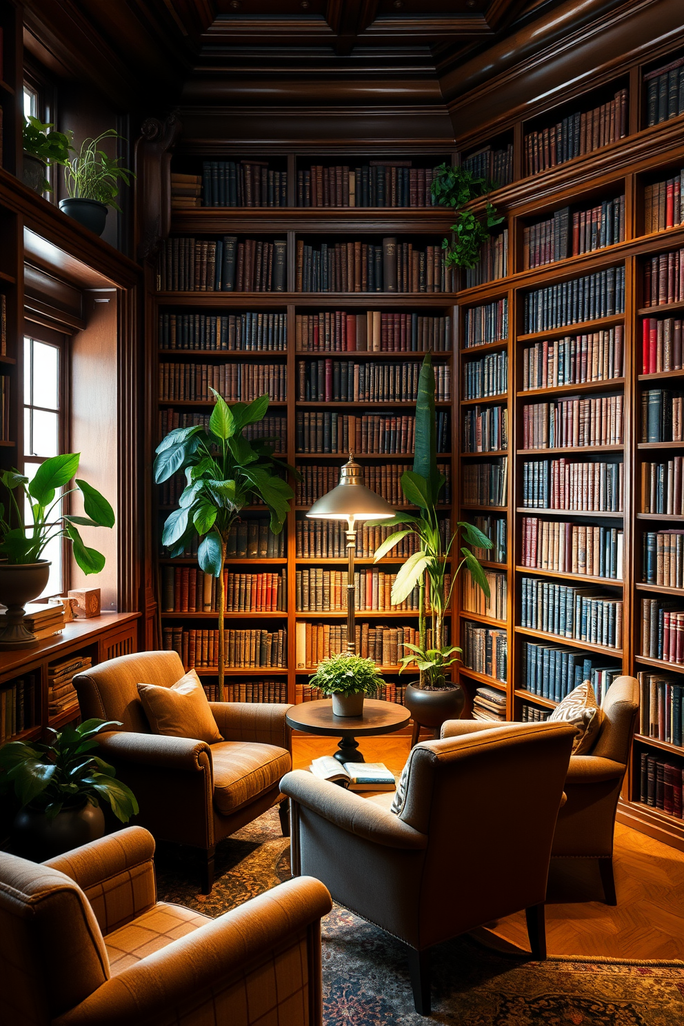 A cozy vintage home library filled with rich wooden bookshelves that reach the ceiling. Plush armchairs are arranged around a small round table, inviting readers to relax with a book. Soft, warm lighting emanates from a classic brass floor lamp in the corner. Lush green plants are strategically placed on shelves and tabletops, adding a fresh touch to the inviting atmosphere.