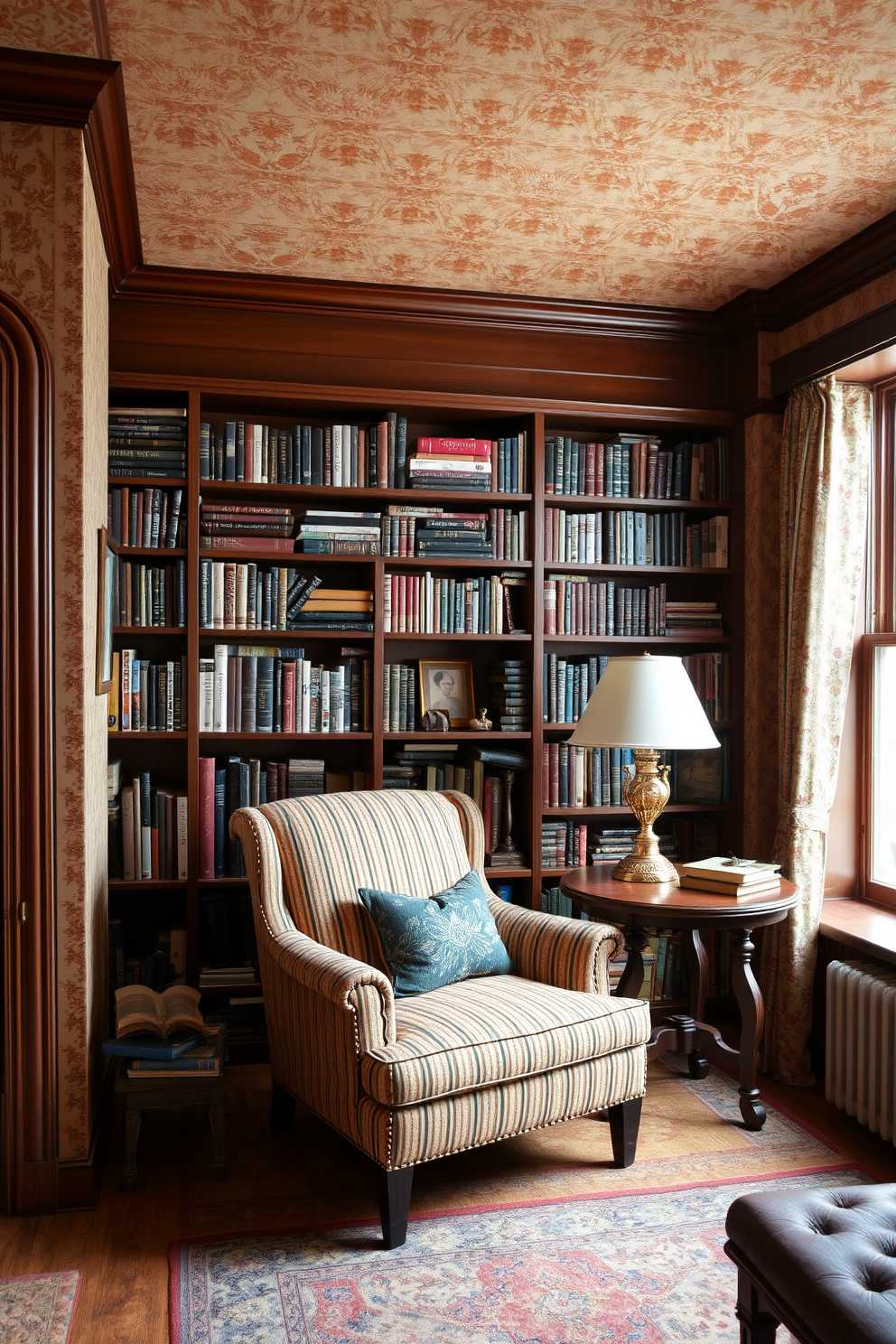 A cozy vintage home library filled with character. The walls are adorned with rich patterned wallpaper featuring classic motifs in warm tones. A large wooden bookshelf spans one wall, filled with an eclectic collection of books and decorative items. A plush armchair in a complementary fabric is positioned near a small side table, inviting readers to relax with a good book.