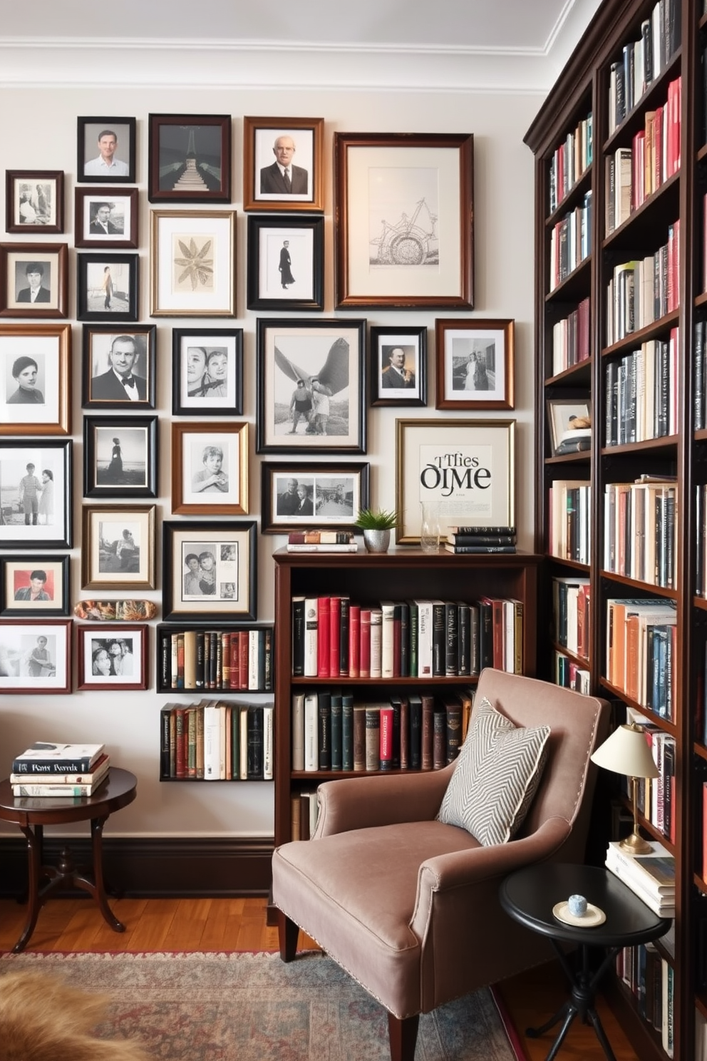 Charming window seat with soft pillows nestled in a cozy nook. The seat is adorned with an array of plush, colorful cushions, inviting relaxation and reading. Vintage home library design featuring dark wooden bookshelves filled with classic literature. A rich, patterned rug covers the floor, and an antique armchair sits in the corner, creating a warm and inviting atmosphere.