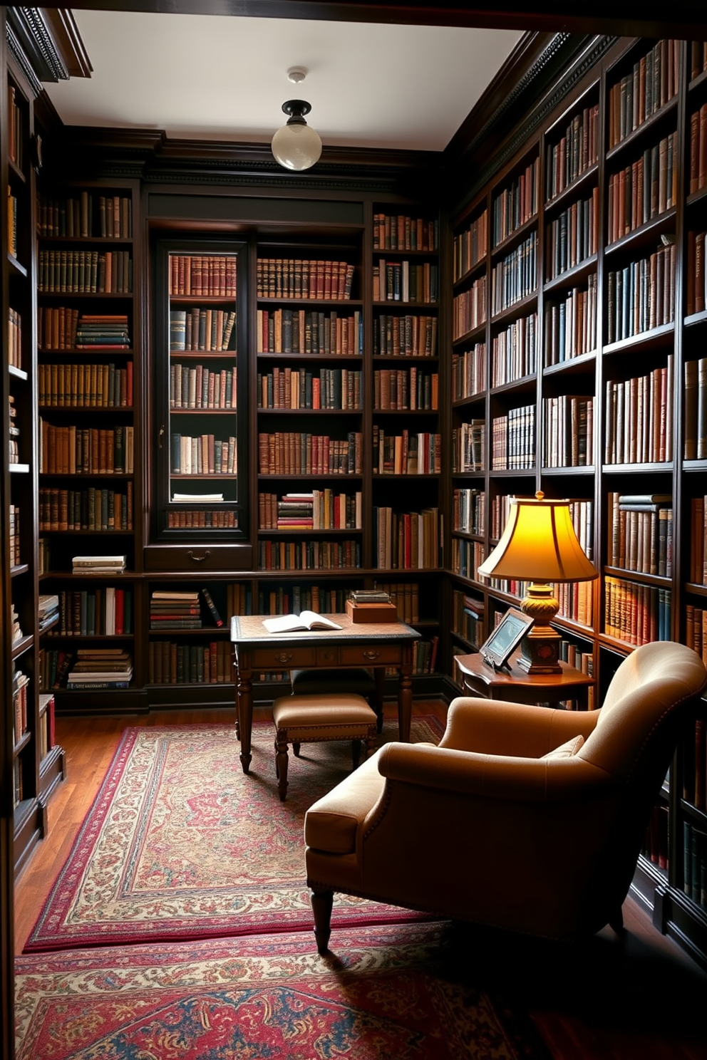 A cozy vintage home library featuring decorative bookends in unique shapes. The shelves are filled with an eclectic mix of books, and a comfortable reading chair is positioned nearby.