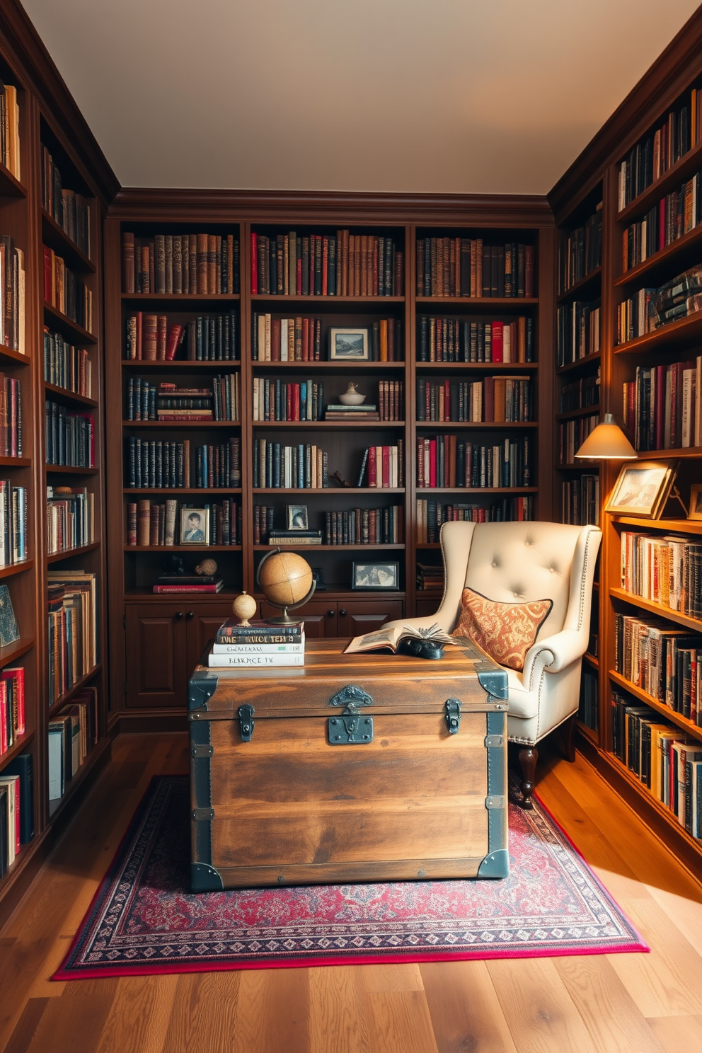 A cozy home library filled with lush greenery. Tall potted plants are strategically placed throughout the room, adding a vibrant touch against the rich wooden bookshelves. The library features a vintage leather armchair and a rustic wooden coffee table. Soft natural light filters through large windows, illuminating the space and enhancing the inviting atmosphere.