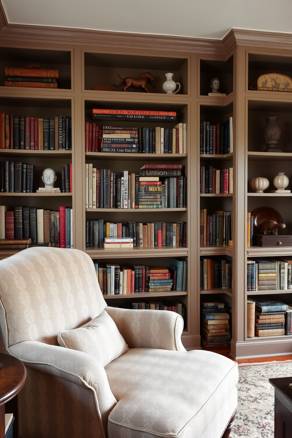 A cozy vintage home library with a mix of open and closed shelving that showcases a collection of classic books and decorative items. The walls are painted in a warm taupe color, and a plush, oversized armchair sits in the corner, inviting readers to settle in with a good book.