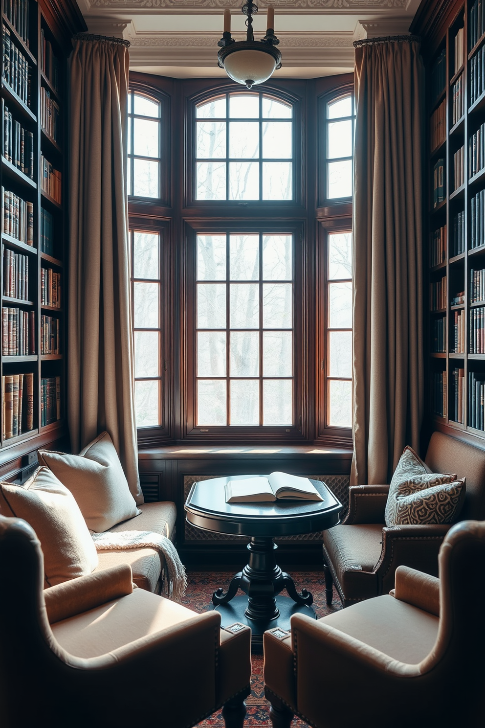 A cozy window seat design featuring plush cushions and a soft throw blanket invites relaxation. The seat is framed by elegant curtains that gently filter the natural light streaming in. Vintage home library design ideas showcase tall wooden bookshelves filled with classic literature. A rich, dark wood reading table sits in the center, surrounded by comfortable armchairs upholstered in warm, inviting fabrics.