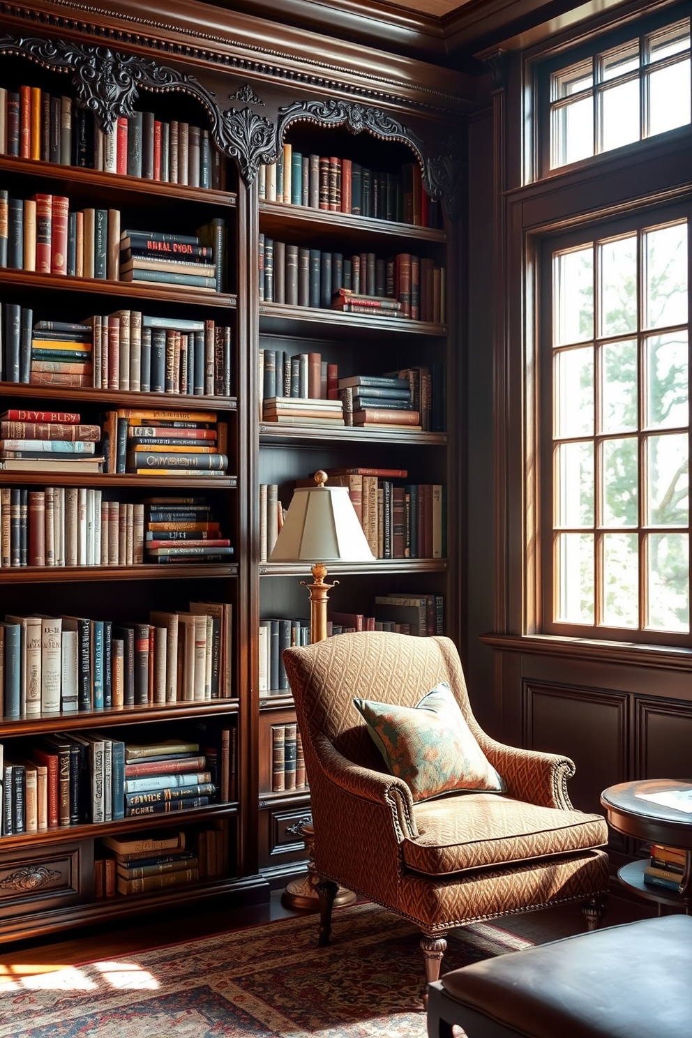 A vintage home library featuring an antique globe as a focal decor piece. The library is adorned with dark wooden bookshelves filled with leather-bound books and a plush reading chair in the corner.