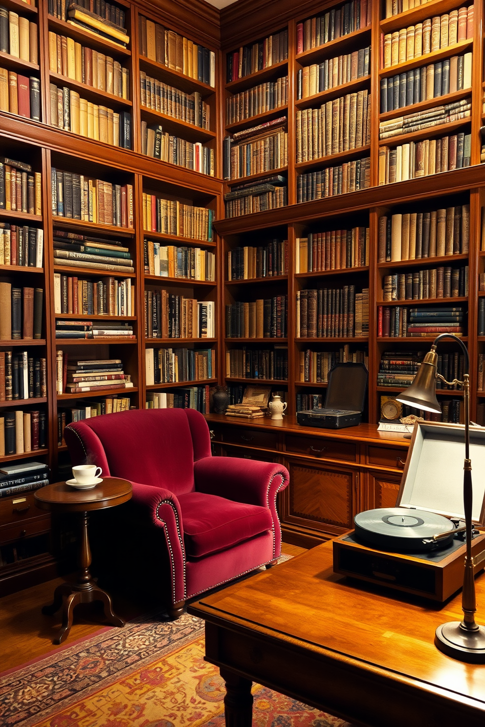 A cozy vintage home library filled with rich wooden bookshelves that reach the ceiling, showcasing an extensive collection of classic novels and decorative items. In the center of the room, a plush armchair upholstered in deep burgundy fabric invites relaxation, accompanied by a small side table holding a steaming cup of tea. A vintage record player sits elegantly on a mahogany console table, filling the air with soft music that enhances the inviting atmosphere. Warm lighting from a stylish floor lamp casts a gentle glow across the room, highlighting a patterned area rug that adds comfort underfoot.