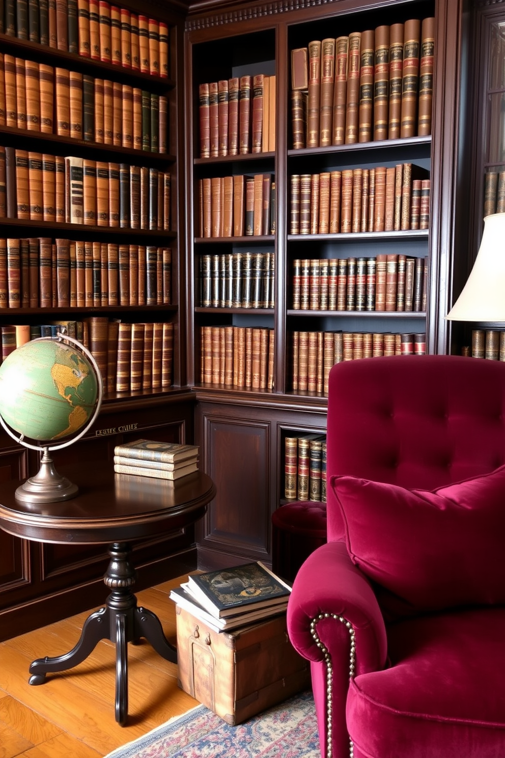 A vintage home library featuring dark wood bookshelves filled with leather-bound books. An antique globe sits elegantly on a mahogany side table next to a plush armchair upholstered in rich burgundy fabric.