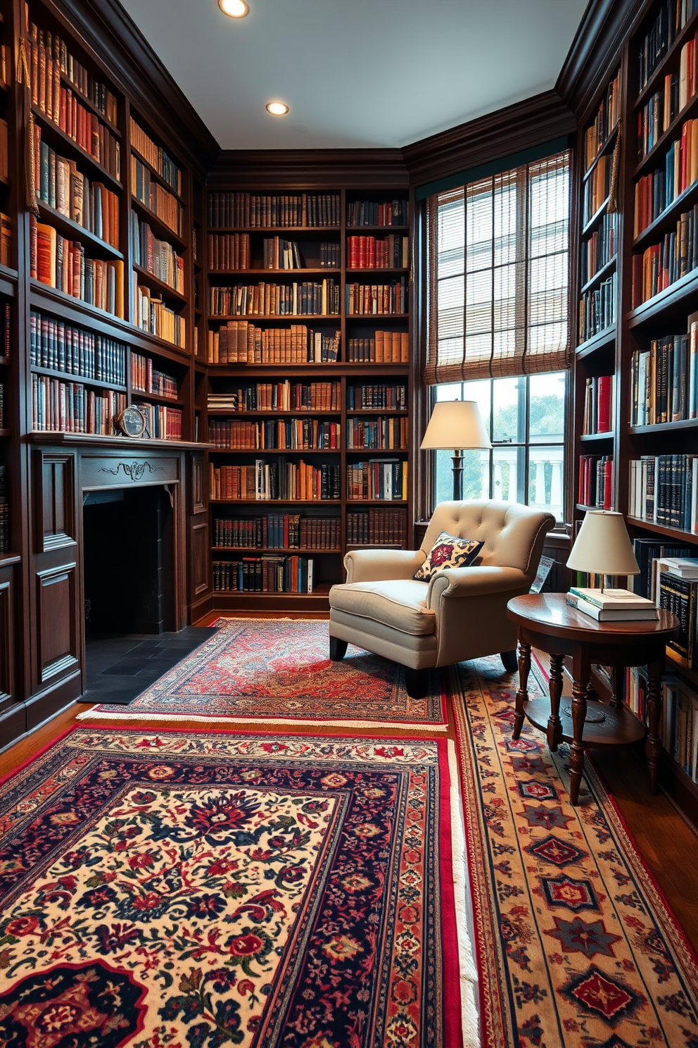 A cozy vintage home library featuring richly patterned rugs that add warmth and character to the space. The room is lined with dark wood bookshelves filled with books, and a plush armchair sits invitingly in the corner, surrounded by soft lighting.