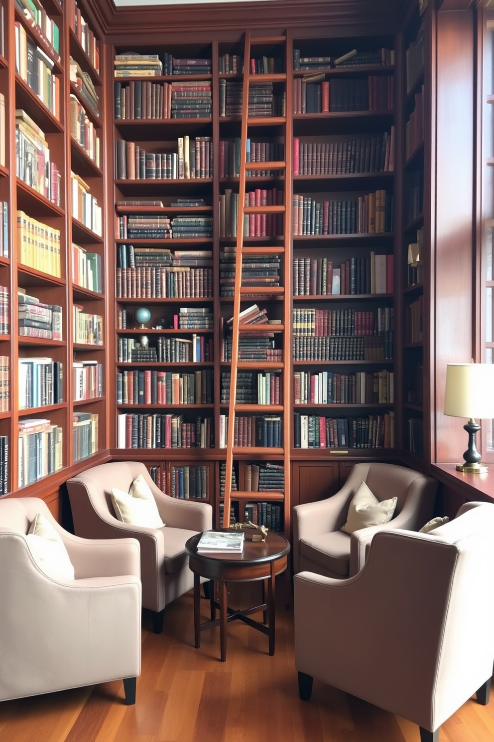 A classic wooden ladder leans against high shelves filled with an array of vintage books and decorative items. The warm wood tones of the ladder complement the rich, dark hues of the library's wooden cabinetry and flooring. Soft lighting casts a cozy glow over the reading nook, inviting relaxation and contemplation. Plush armchairs are strategically placed around a small coffee table, creating an intimate space for enjoying literature.