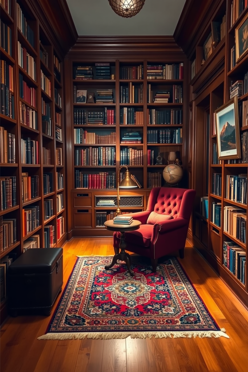 A cozy vintage home library with rich wooden bookshelves lining the walls, filled with an eclectic mix of books and decorative items. A plush velvet armchair sits in the corner, accompanied by a small round table with a brass lamp casting soft ambient light. The flooring features a warm hardwood finish, and a large Persian rug adds a touch of elegance to the space. A vintage globe and framed artwork adorn the walls, enhancing the library's inviting atmosphere.