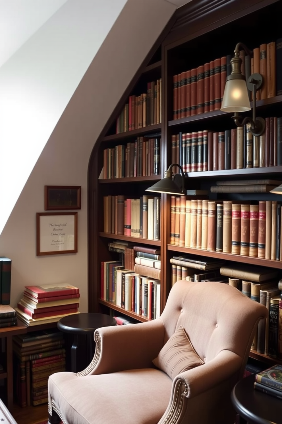 A cozy vintage home library featuring wall-mounted sconces that provide soft ambient lighting. The shelves are filled with an array of classic books, and a plush armchair invites relaxation in the reading nook.