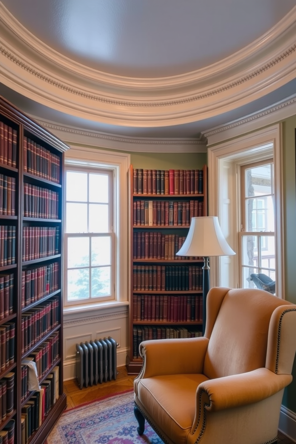 A vintage home library filled with rich wooden bookshelves that reach the ceiling. The stained glass windows allow colorful light to filter through, casting vibrant patterns on the plush, deep-toned carpet. A large, ornate wooden table sits in the center, surrounded by comfortable leather armchairs. Shelves are lined with an eclectic collection of books and decorative artifacts, creating a warm and inviting atmosphere.