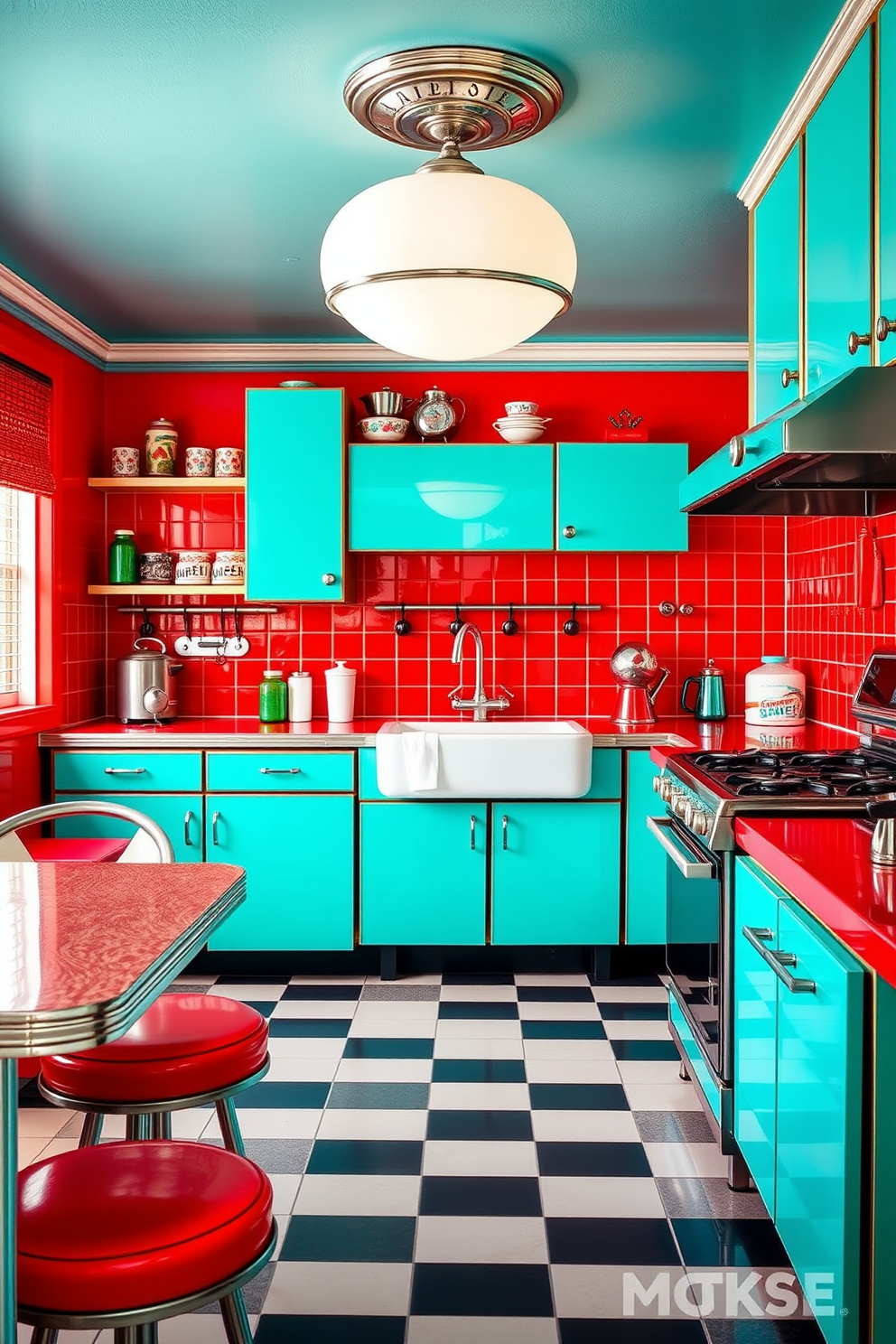 A retro diner-inspired color scheme features bold red and turquoise accents that create a vibrant atmosphere. Checkerboard flooring in black and white complements the colorful decor, while chrome fixtures add a touch of nostalgia. For vintage kitchen design ideas, consider incorporating distressed wood cabinets and antique hardware for a charming look. A farmhouse sink paired with a retro stove can enhance the overall aesthetic, creating a warm and inviting space.