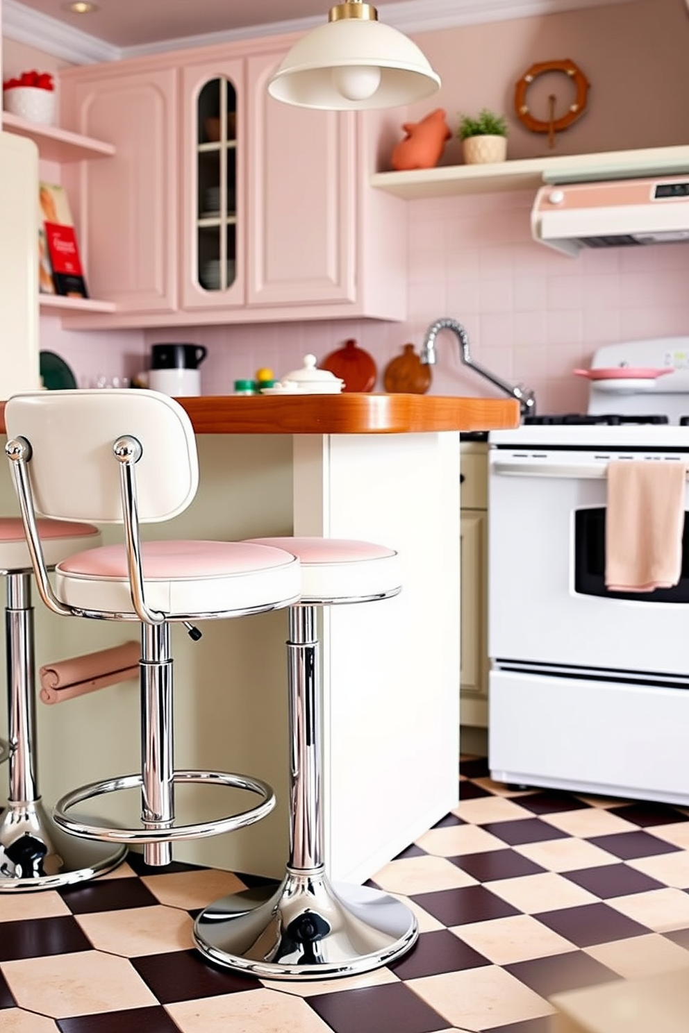 A charming vintage kitchen setting featuring bar stools with chrome accents that add a touch of retro flair. The kitchen showcases a classic color palette with soft pastel cabinets and a checkered tile floor, creating a warm and inviting atmosphere.