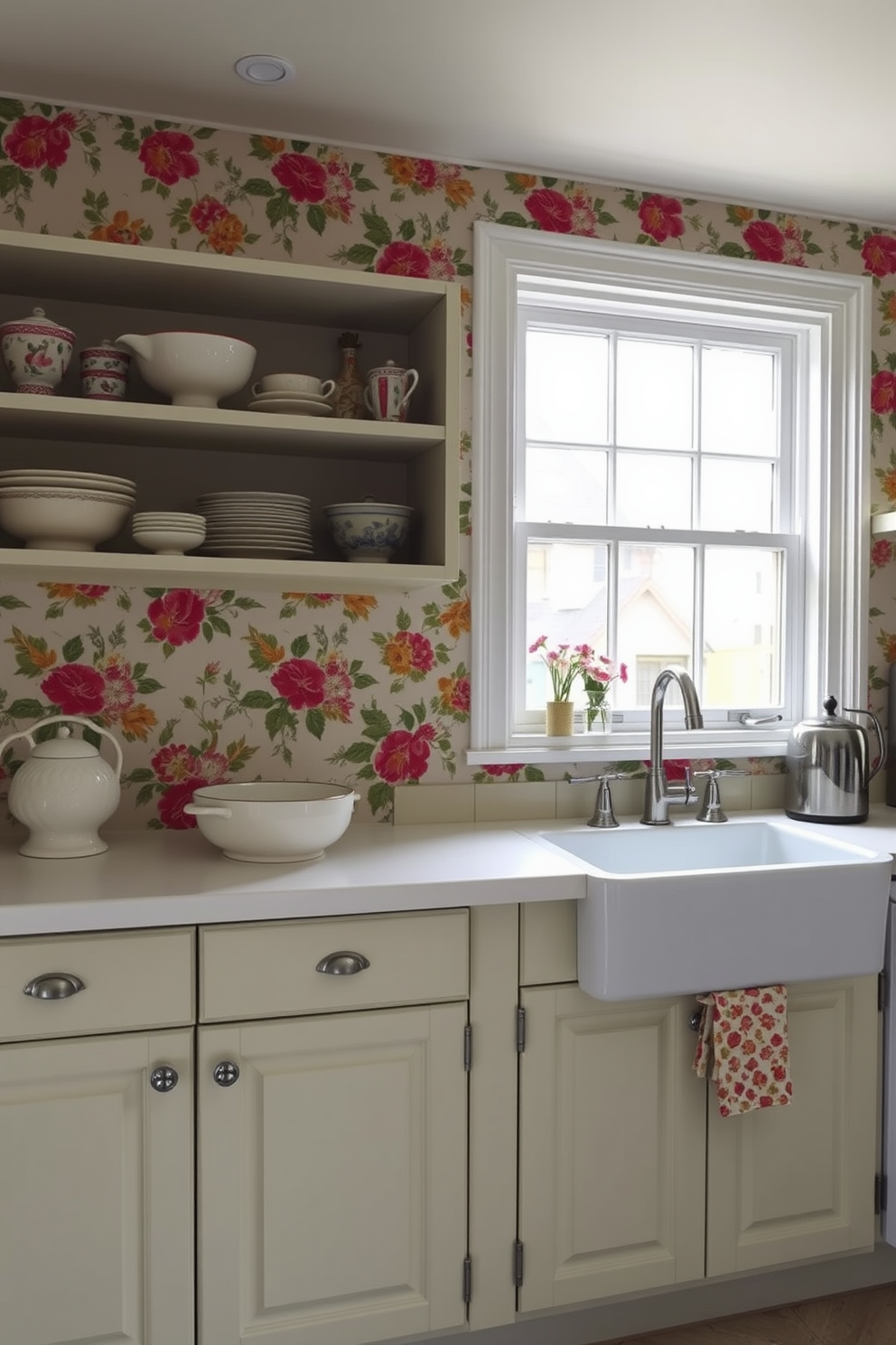 A vintage kitchen setting adorned with retro wallpaper featuring vibrant floral prints. The cabinetry is painted in a soft pastel color, complementing the playful patterns on the walls. A classic farmhouse sink is positioned under a large window, allowing natural light to flood the space. Open shelves showcase charming dishware and vintage kitchen accessories, enhancing the nostalgic atmosphere.