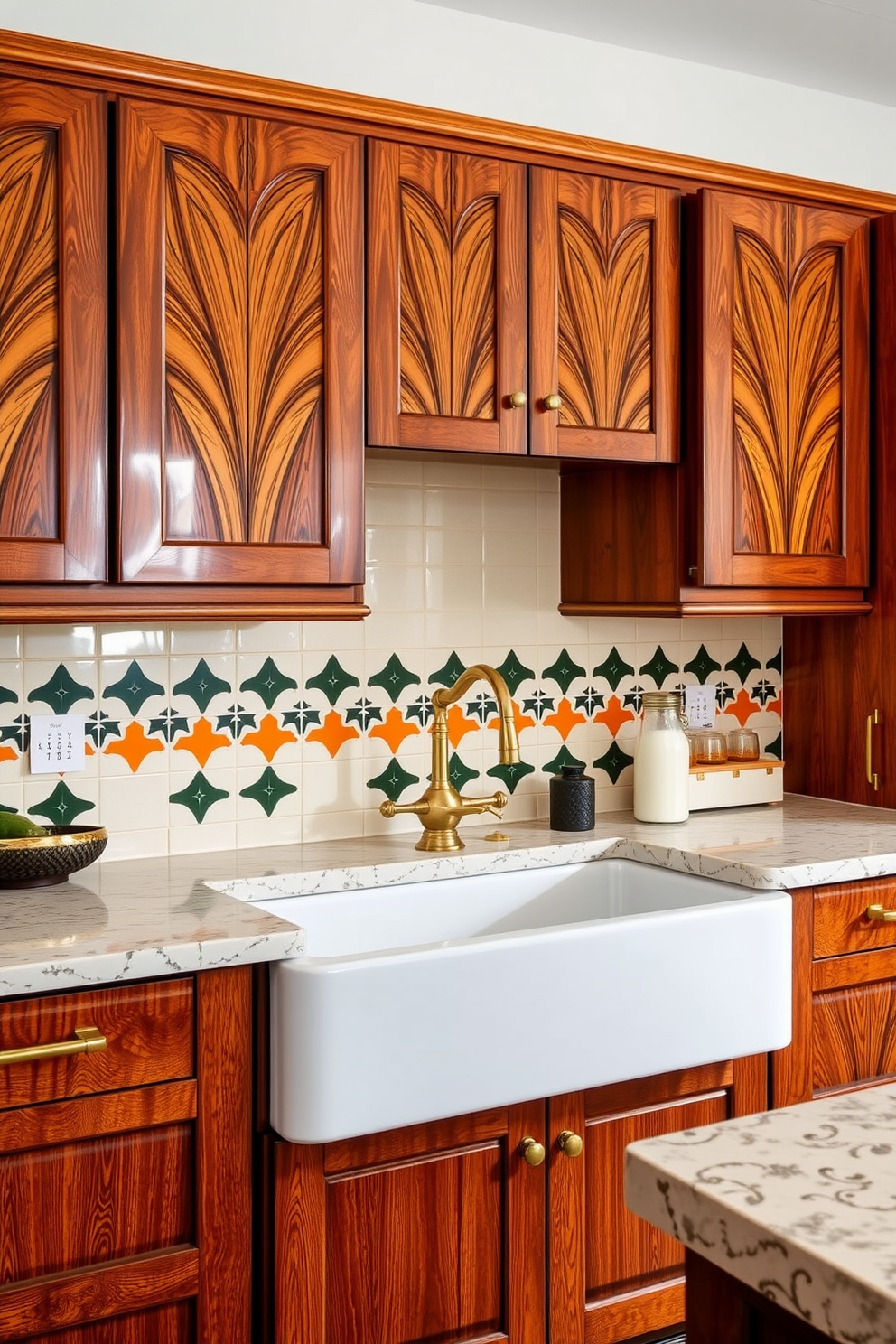 Art Deco inspired cabinetry with rich wood tones and intricate geometric patterns. Polished brass hardware complements the elegant design, creating a luxurious vintage kitchen atmosphere. The kitchen features a classic farmhouse sink paired with a vintage-style faucet. Decorative tile backsplash in bold colors enhances the overall Art Deco aesthetic.