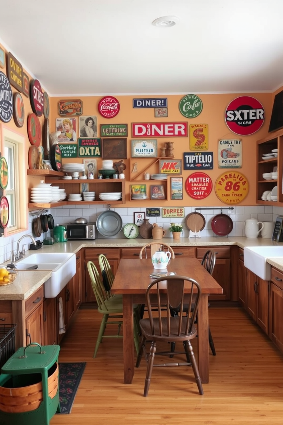 A vintage kitchen adorned with floral wallpaper that evokes a sense of nostalgia. The cabinetry is painted in soft pastels with brass hardware, complemented by a farmhouse sink and a classic wooden dining table.