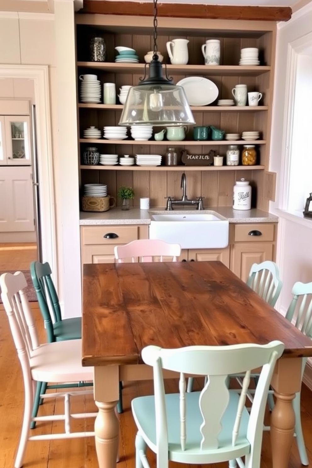 A charming farmhouse table made of reclaimed wood takes center stage in the dining area. Surrounding the table are mismatched chairs in soft pastels, creating a cozy and inviting atmosphere. The vintage kitchen design features open shelving displaying rustic dishware and mason jars. A farmhouse sink with a vintage faucet complements the warm, neutral color palette of the cabinets and walls.