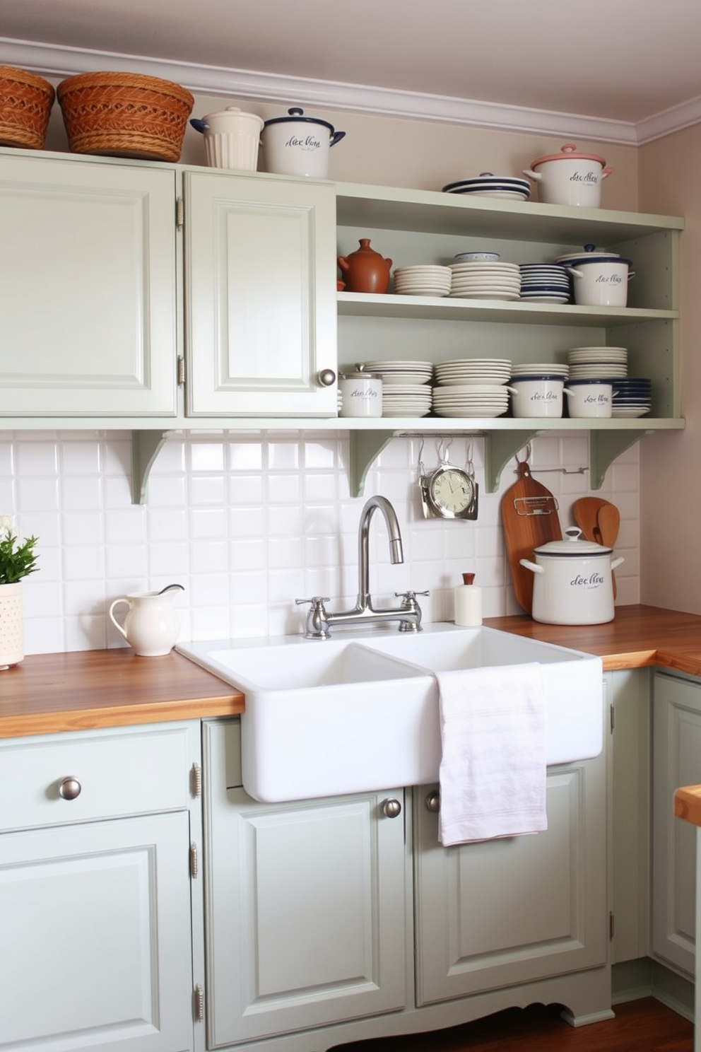 A charming vintage kitchen adorned with woven baskets for storage and decor. The walls are painted in a soft pastel hue, and rustic wooden shelves display an array of colorful ceramic dishes and glass jars.