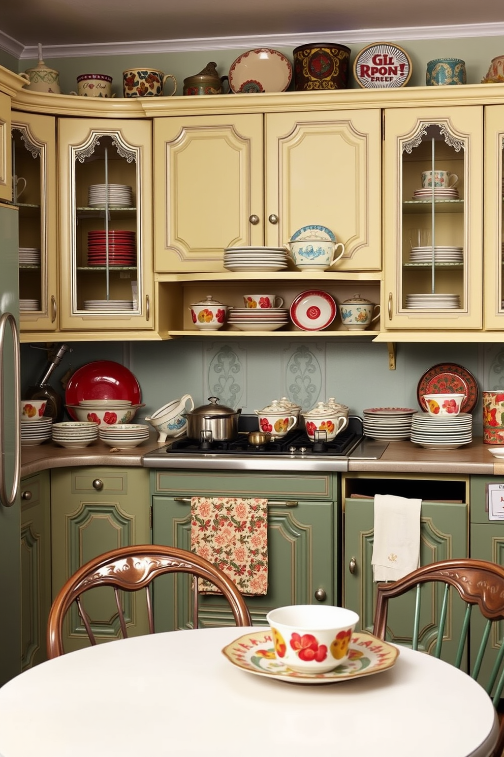 A vintage kitchen filled with retro tableware featuring bold patterns. The walls are painted in a cheerful pastel color, and the cabinets are adorned with intricate details that reflect a bygone era.