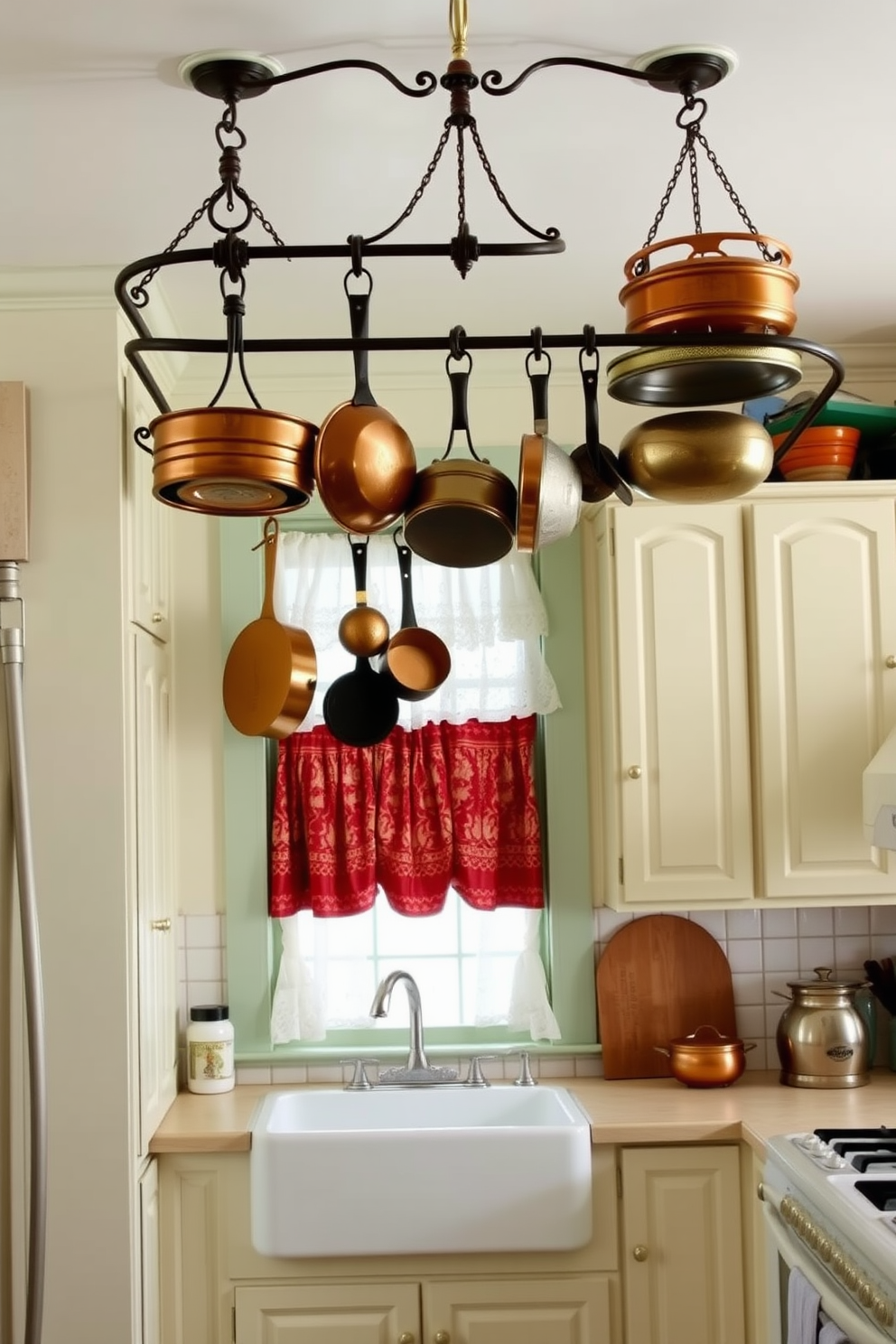 A vintage kitchen filled with charm features old-fashioned pot racks hanging from the ceiling, showcasing an array of copper pots and pans. The cabinetry is painted in a soft pastel color, while a farmhouse sink sits beneath a window adorned with lace curtains.