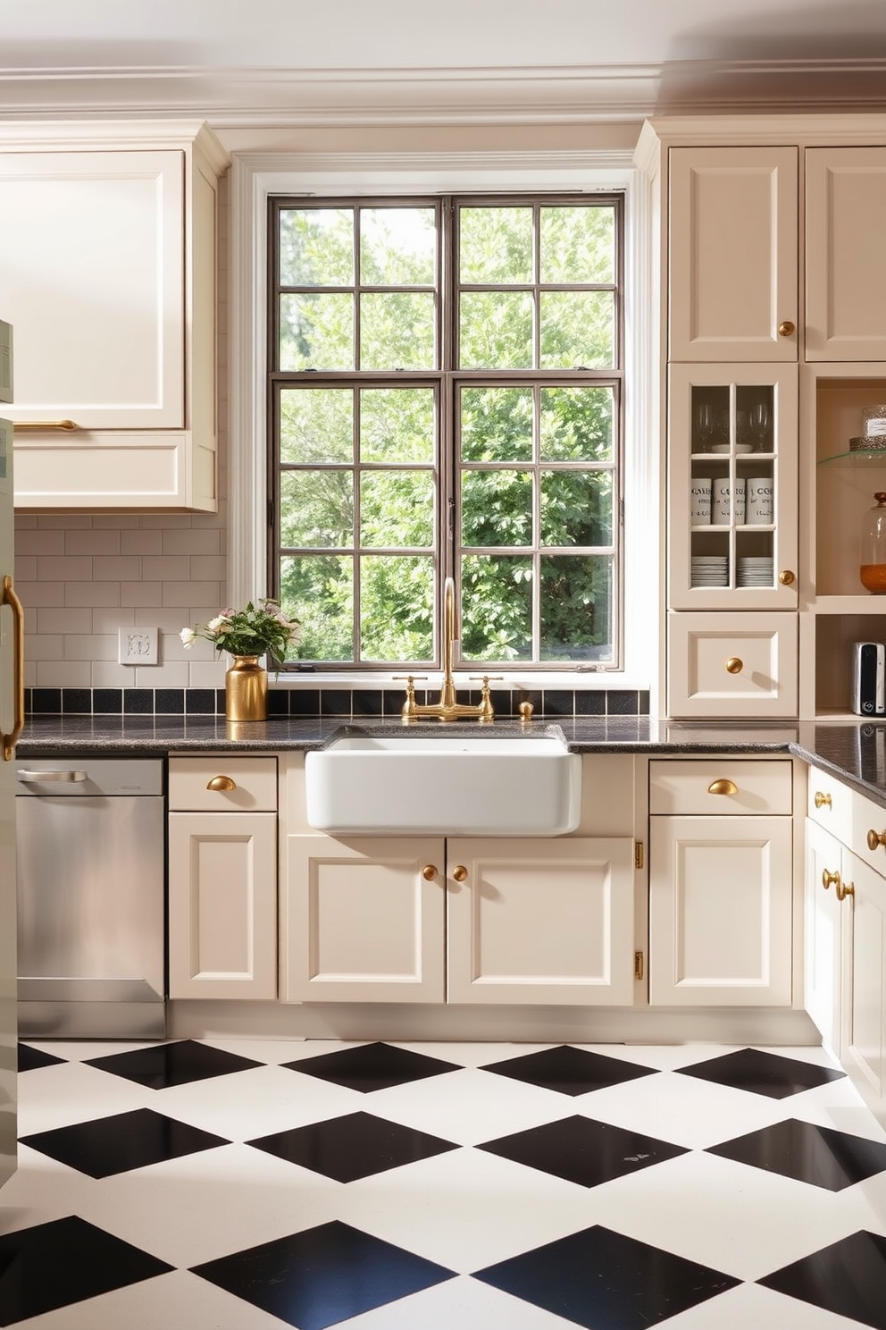 A vintage kitchen design featuring classic checkered floor patterns in black and white. The cabinetry is painted in a soft pastel color with brass hardware, and a farmhouse sink is centered under a large window.