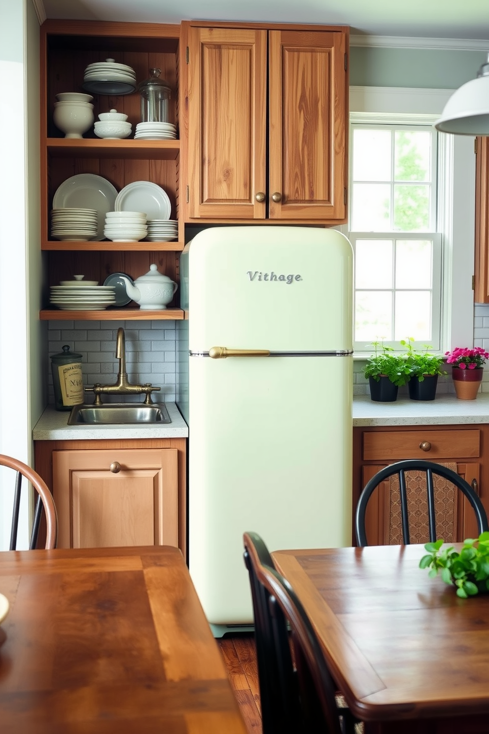 A vintage kitchen design featuring cabinets adorned with antique brass hardware. The cabinetry is painted in a soft pastel color, complemented by a farmhouse sink and rustic wooden countertops.