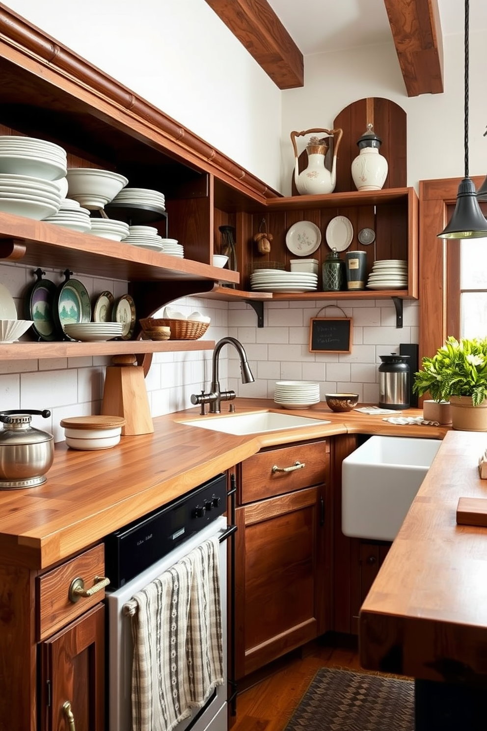 A rustic kitchen featuring butcher block countertops that add warmth and charm. The space includes open shelving filled with vintage dishware and a farmhouse sink that enhances the nostalgic feel.