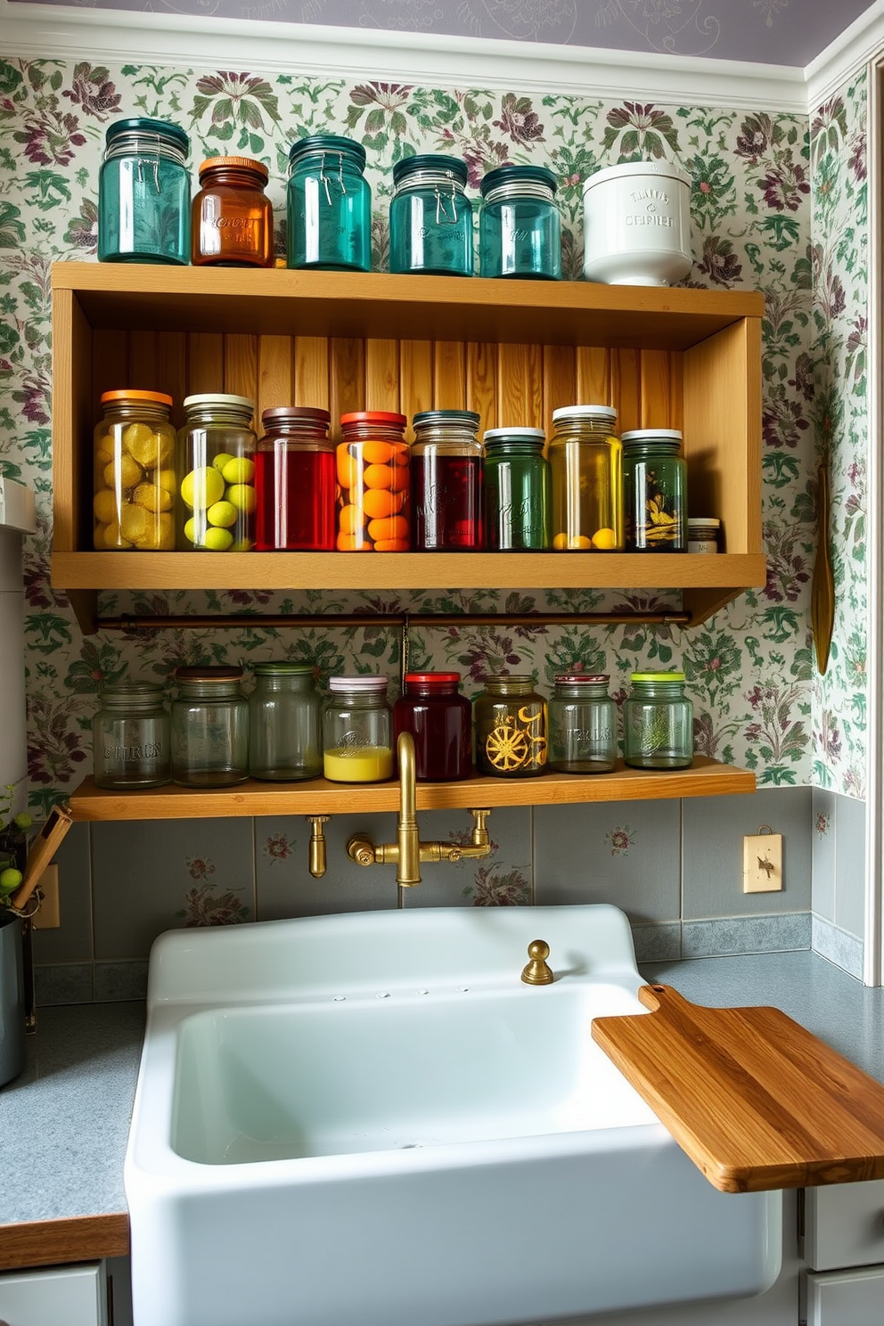 A retro-style kitchen featuring pastel-colored appliances such as a mint green refrigerator and a pink toaster. The cabinetry is painted in soft cream, complemented by a checkered black and white floor that adds a nostalgic touch.