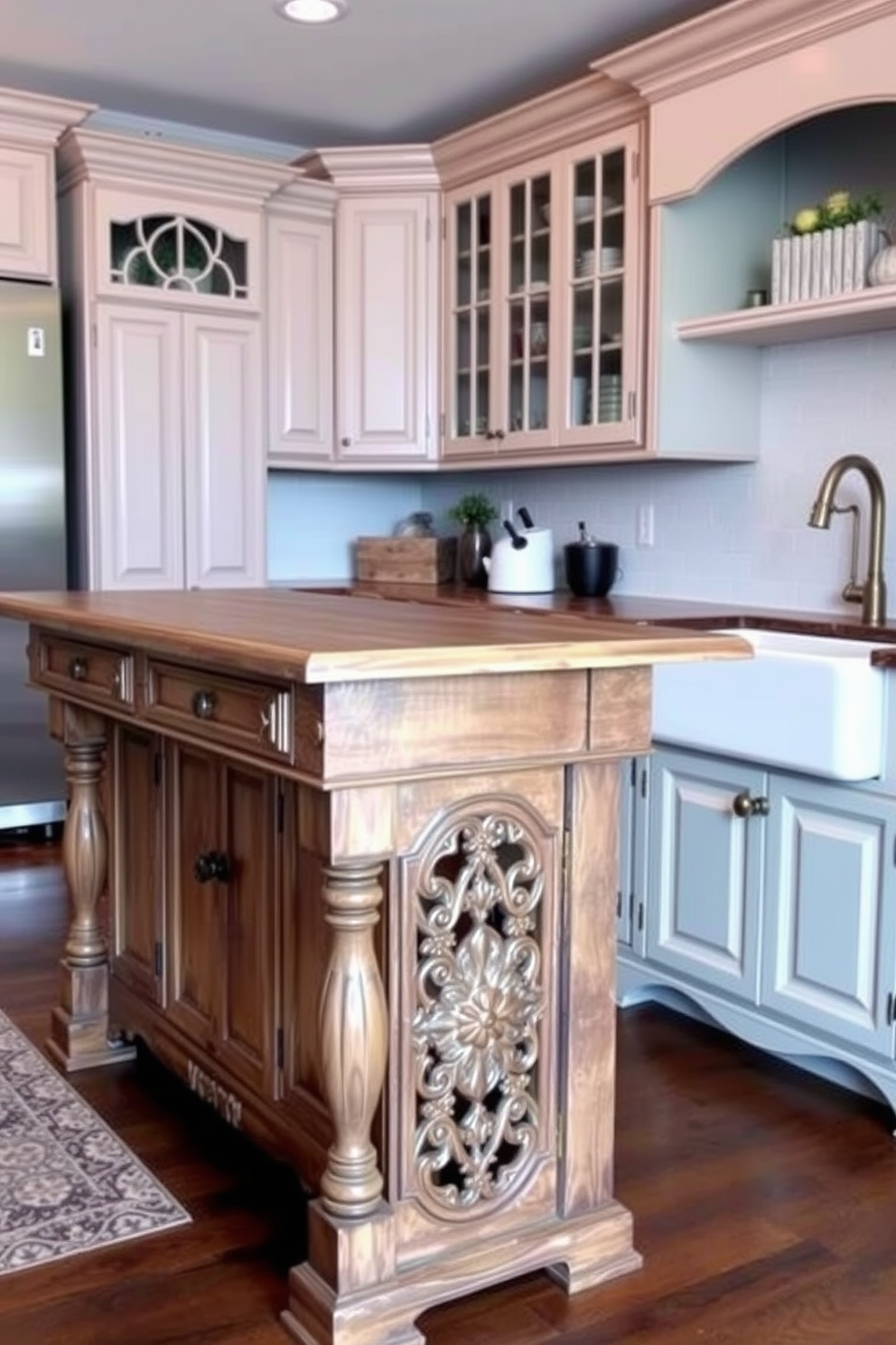 A charming vintage kitchen featuring an antique china hutch made of distressed wood. The hutch is filled with colorful china and glassware, adding a touch of nostalgia to the space. The kitchen has a farmhouse sink and open shelving made from reclaimed wood. Warm, muted colors and vintage accessories create a cozy and inviting atmosphere.