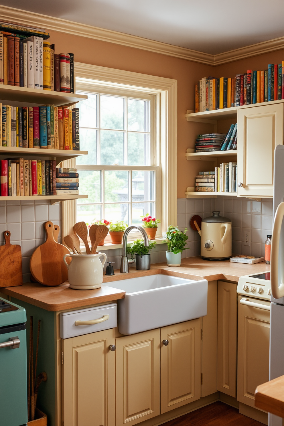 A charming vintage kitchen setting featuring open shelves lined with an array of colorful vintage cookbooks. The counters are adorned with rustic wooden cutting boards and a classic ceramic crock filled with cooking utensils. Warm, inviting cabinetry painted in soft pastel hues complements the retro appliances that evoke nostalgia. A farmhouse sink sits beneath a window, with fresh herbs in pots placed on the sill, adding a touch of greenery to the space.